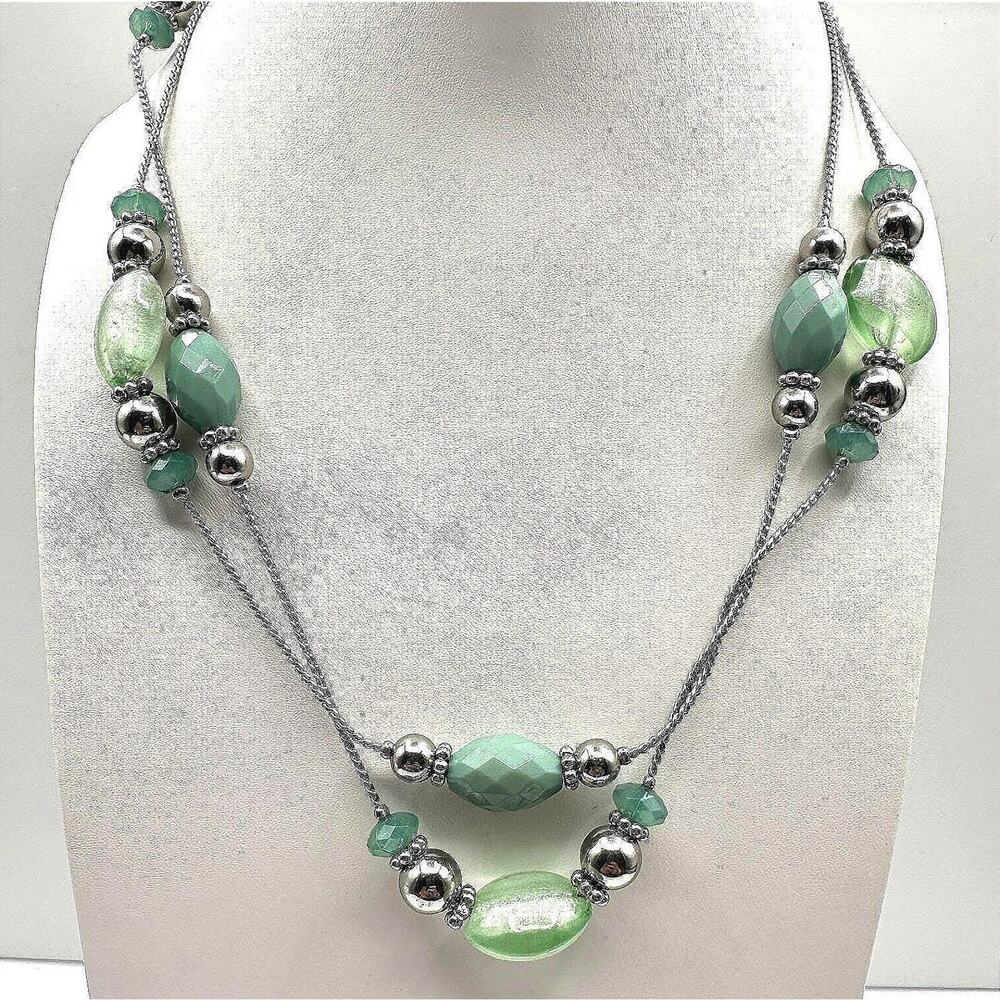 Vintage 90s Green Silver Tone Strands Beaded Necklace Statement Fashion Jewelry
